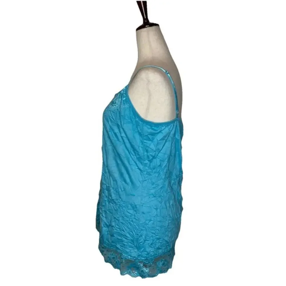 Lace Trim Cami Top Size L Crinkle Turquoise Layering Tank Y2K Fairycore Coquette - Picture 2 of 9